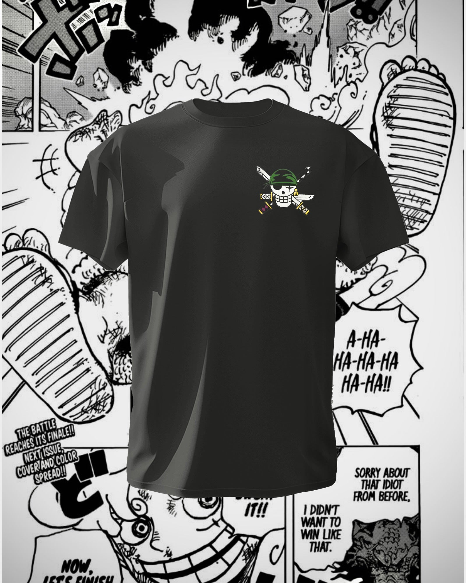 Roronoa Zoro One Piece t-shirt, an anime t-shirt featuring a unisex classic regular fit and round neck design. Made from durable 180 GSM super combed cotton for softness and breathability, this t-shirt showcases vibrant graphics and includes a Lycra ribbed neck for a snug, comfortable fit, ideal for anime fans. In black colour from front.