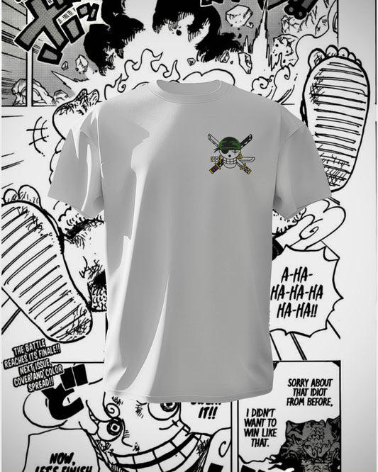 Roronoa Zoro One Piece t-shirt, an anime t-shirt featuring a unisex classic regular fit and round neck design. Made from durable 180 GSM super combed cotton for softness and breathability, this t-shirt showcases vibrant graphics and includes a Lycra ribbed neck for a snug, comfortable fit, ideal for anime fans. In white colour from front.