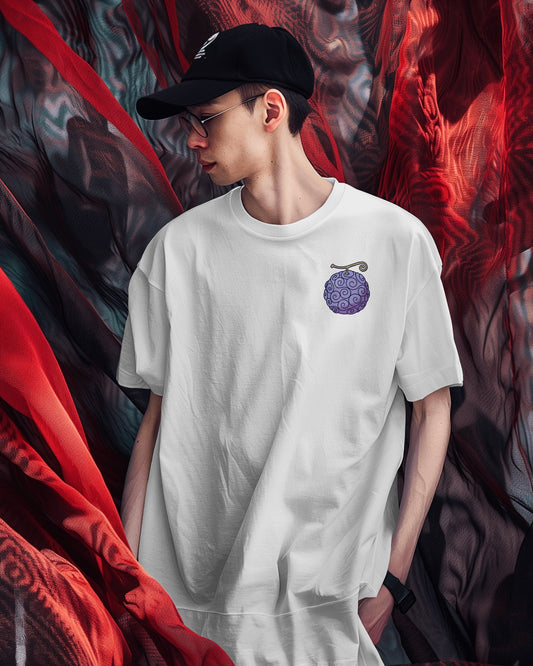 Image of the Gomu Gomu no Mi One Piece t-shirt featuring a classic round neck design. This unisex anime t-shirt showcases vibrant graphics inspired by the popular series, ideal for fans of all ages, in white colour from front.