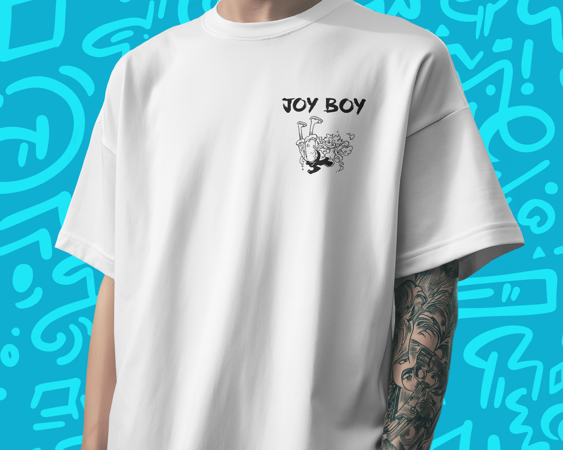 Joy Boy One Piece t-shirt, an anime t-shirt featuring a unisex classic regular fit and round neck design, crafted from durable 180 GSM super combed cotton for softness and breathability. Ideal for anime fans, this t-shirt showcases vibrant graphics and includes a Lycra ribbed neck for a snug fit. In white colour from front.