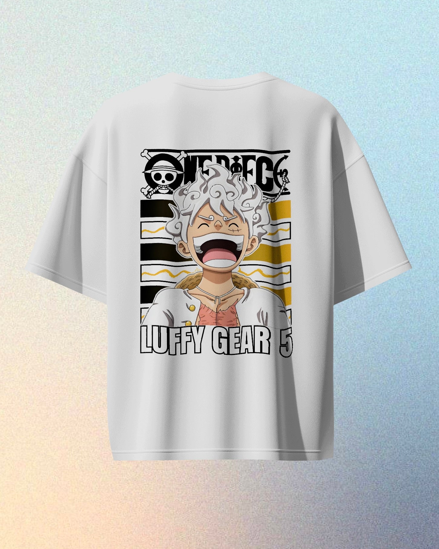 Luffy Unisex Oversized One Piece t-shirt, an anime t-shirt made from 180 GSM 100% cotton for durability and comfort. Features a unisex, pre-shrunk design with a Lycra ribbed neck for a snug fit, perfect for anime fans. In white colour from back.