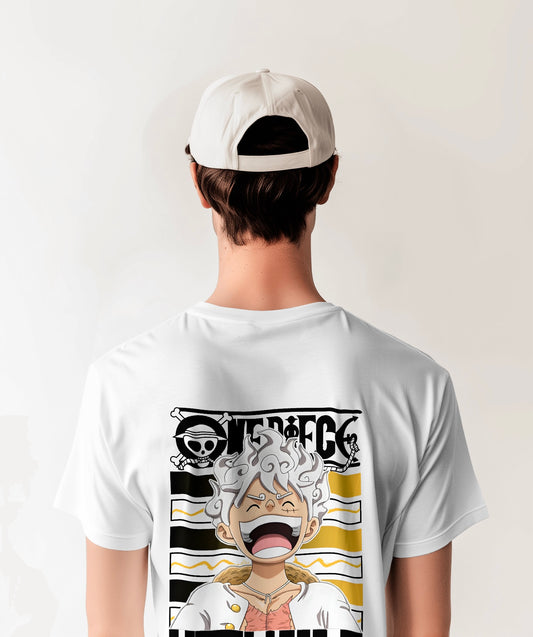 Luffy Unisex Oversized One Piece t-shirt, an anime t-shirt made from 180 GSM 100% cotton for durability and comfort. Features a unisex, pre-shrunk design with a Lycra ribbed neck for a snug fit, perfect for anime fans. In white colour from back.