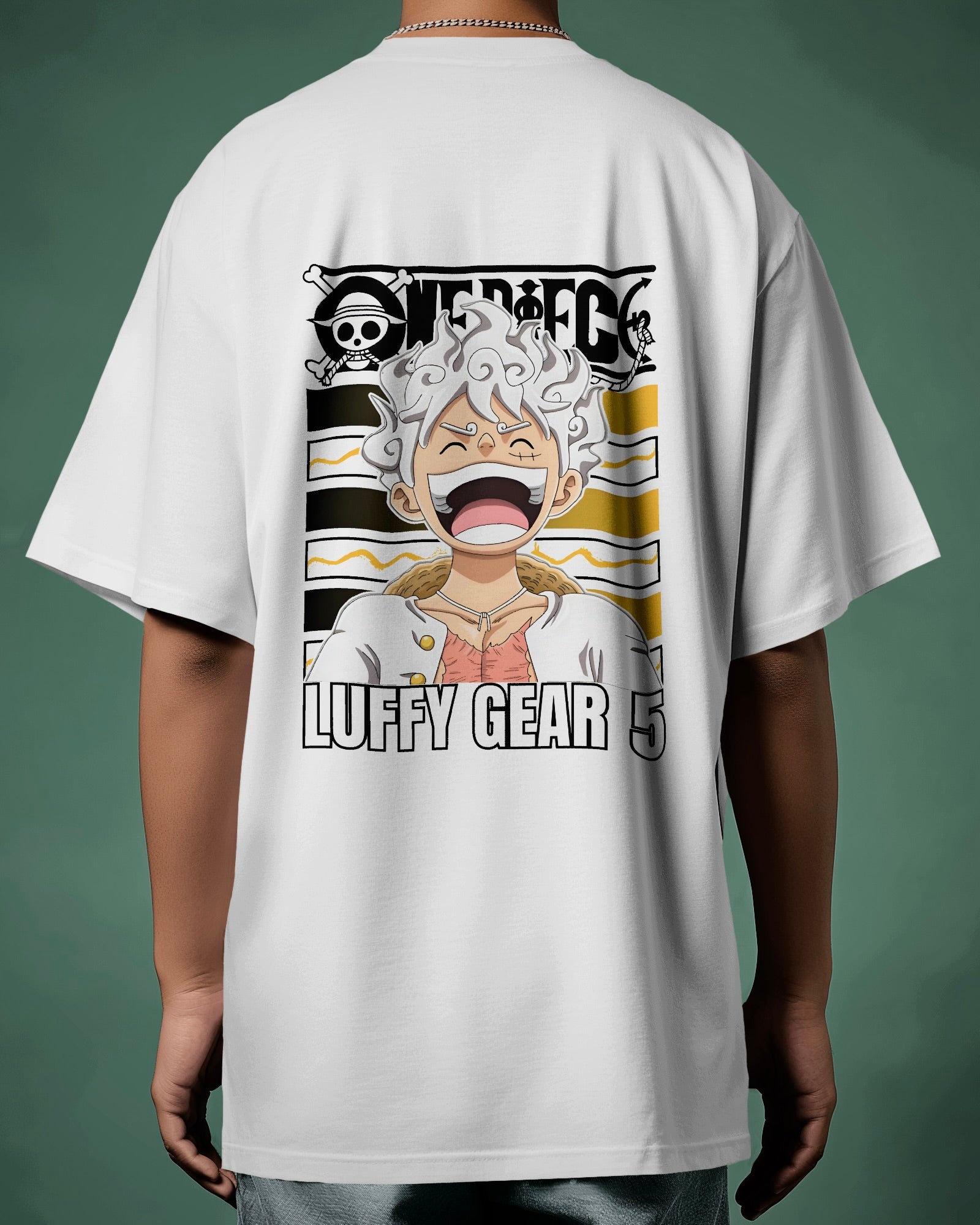 Luffy Unisex Oversized One Piece t-shirt, an anime t-shirt made from 180 GSM 100% cotton for durability and comfort. Features a unisex, pre-shrunk design with a Lycra ribbed neck for a snug fit, perfect for anime fans. In white colour from back.