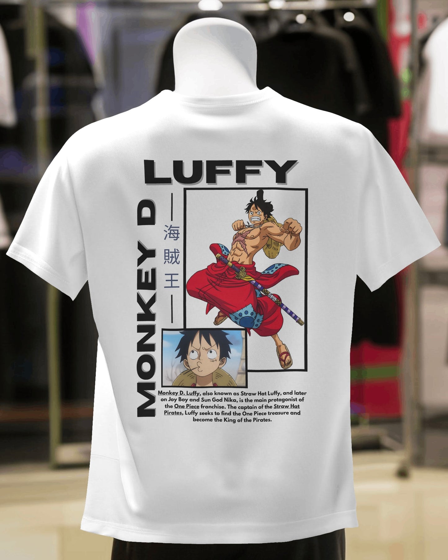 Monkey D. Luffy Unisex Oversized One Piece t-shirt, an anime t-shirt made from durable 240 GSM 100% cotton. Features a pre-shrunk, bio-washed design with a Lycra ribbed neck and unisex regular fit, perfect for everyday wear for anime fans. In white from back.