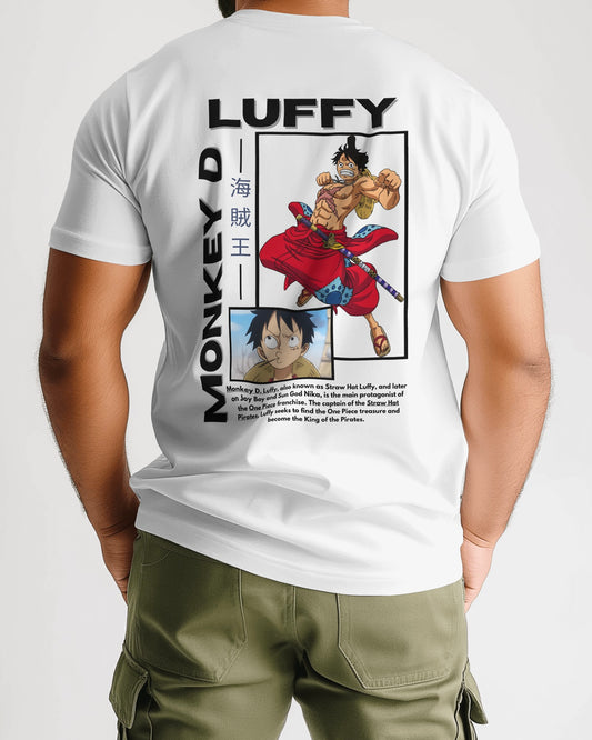 Monkey D. Luffy Unisex Oversized One Piece t-shirt, an anime t-shirt made from durable 240 GSM 100% cotton. Features a pre-shrunk, bio-washed design with a Lycra ribbed neck and unisex regular fit, perfect for everyday wear for anime fans. In white from back.