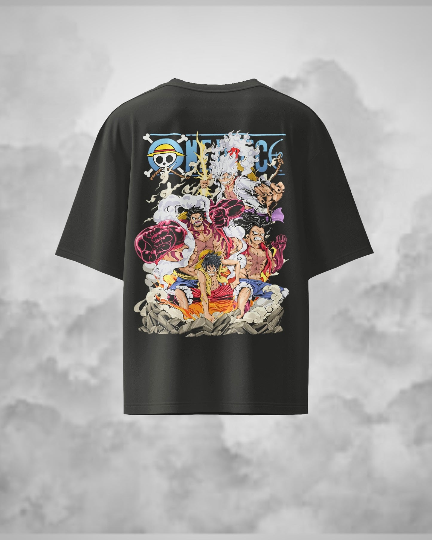 Luffy All Gears Unisex Oversized One Piece t-shirt, an anime t-shirt made from durable 240 GSM 100% cotton. Features a pre-shrunk, bio-washed design with a Lycra ribbed neck for comfort and a unisex regular fit, perfect for anime fans. in black colour from back.