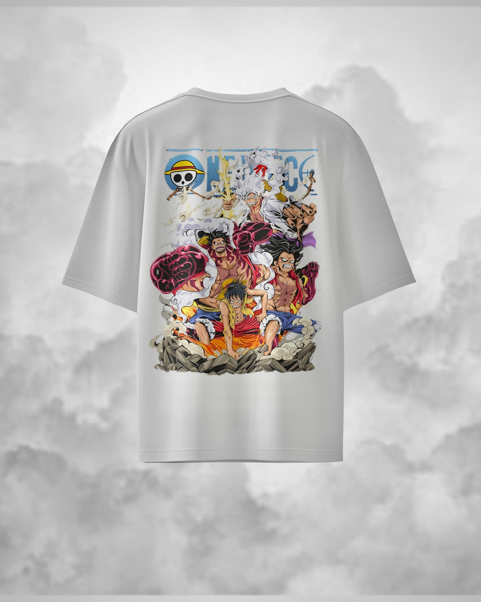 Luffy All Gears Unisex Oversized One Piece t-shirt, an anime t-shirt made from durable 240 GSM 100% cotton. Features a pre-shrunk, bio-washed design with a Lycra ribbed neck for comfort and a unisex regular fit, perfect for anime fans. in white colour from back.