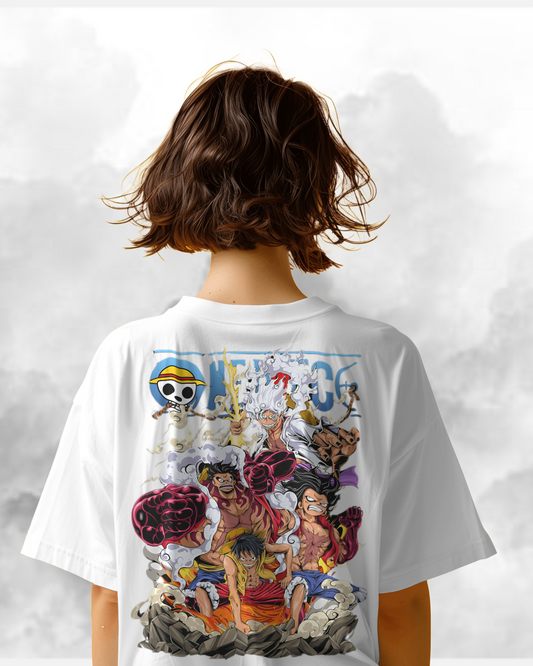 Luffy All Gears Unisex Oversized One Piece t-shirt, an anime t-shirt made from durable 240 GSM 100% cotton. Features a pre-shrunk, bio-washed design with a Lycra ribbed neck for comfort and a unisex regular fit, perfect for anime fans. in white colour from back.