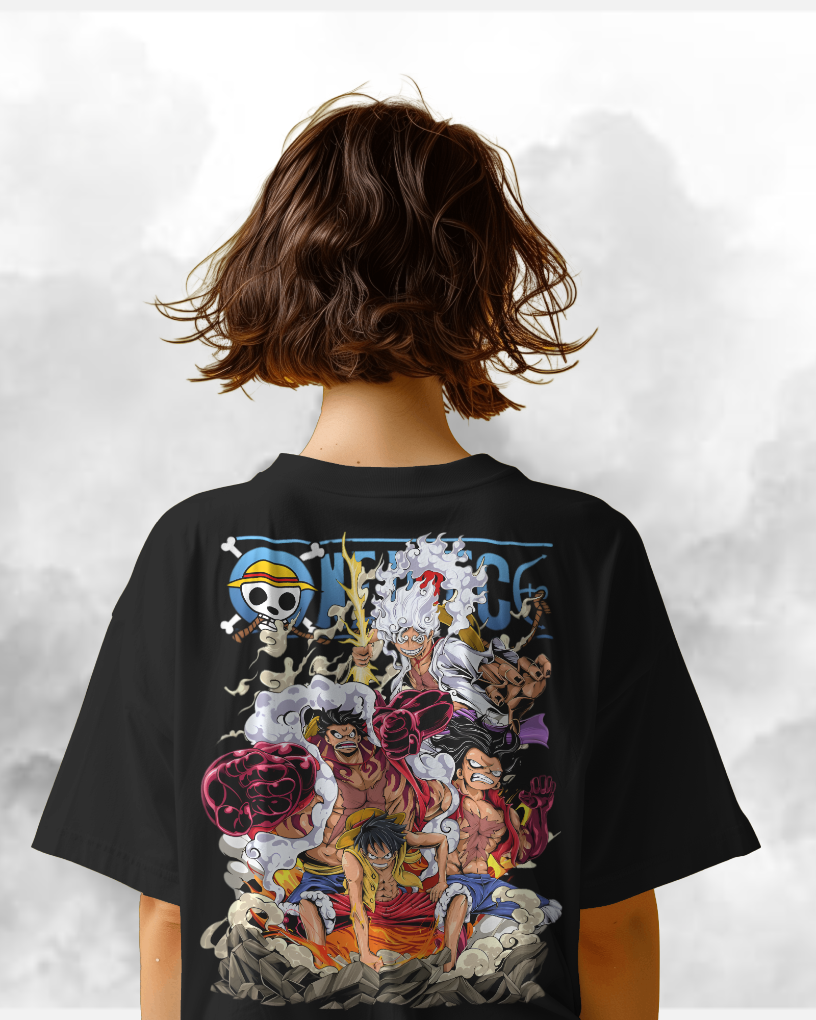 Luffy All Gears Unisex Oversized One Piece t-shirt, an anime t-shirt made from durable 240 GSM 100% cotton. Features a pre-shrunk, bio-washed design with a Lycra ribbed neck for comfort and a unisex regular fit, perfect for anime fans. in black colour from back.